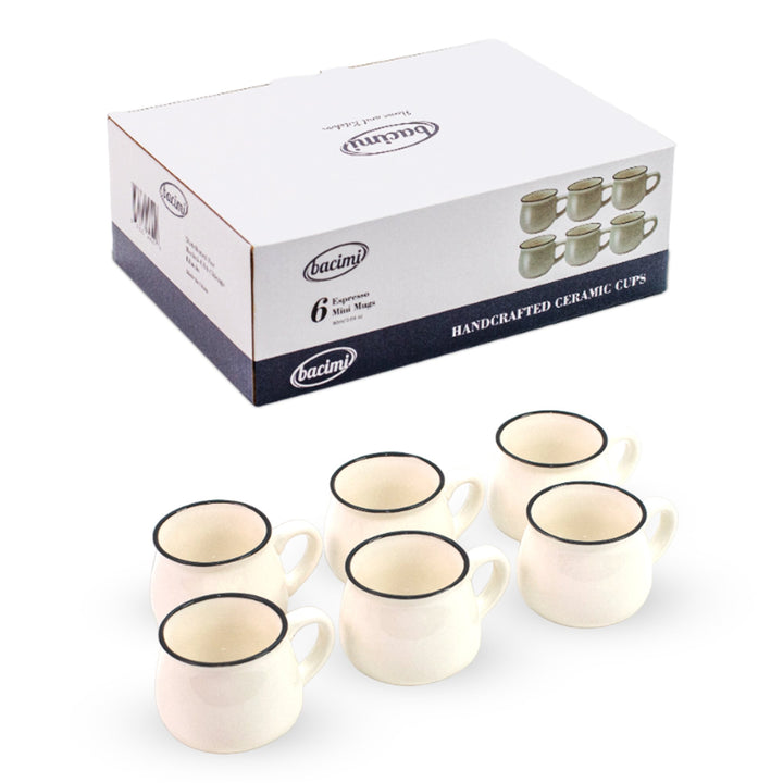 Bacimi Mini Ceramic Espresso Coffee Cups (Set of 6 / 3oz / 90ML) - Small Drinking Cups with Handle - Dishwasher & Microwave Safe - Diner Style Modern Mugs for Coffee, Tea, Cocoa, Milk & Latte - White