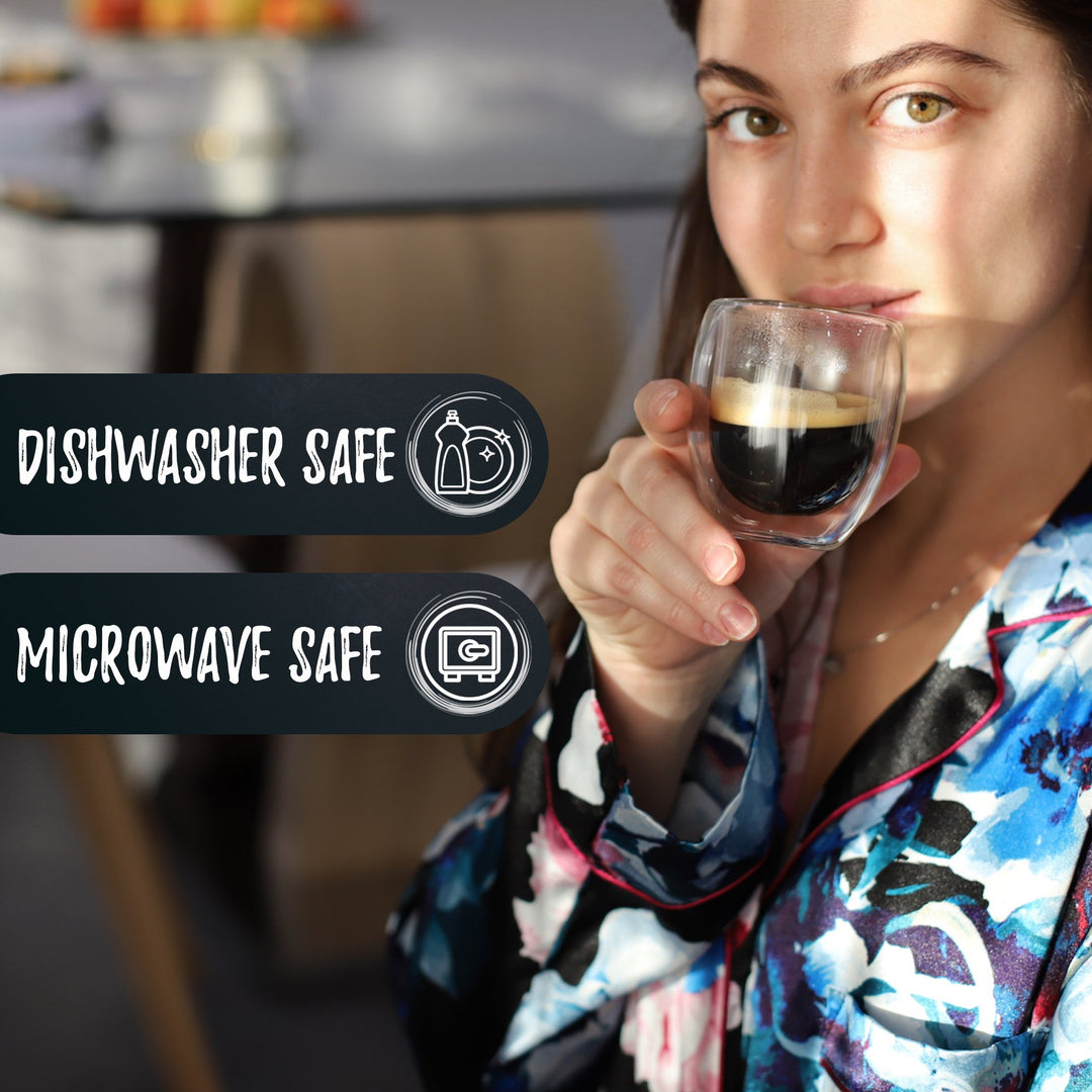 Bacimi Double Wall Insulated Espresso Coffee Mugs (Set of 4 / 5oz) - Clear Borosilicate Cups - Thermal Drinking Cups for Espresso, Cappuccino, Latte, Tea, Hot Beverage, Wine - Microwave Safe