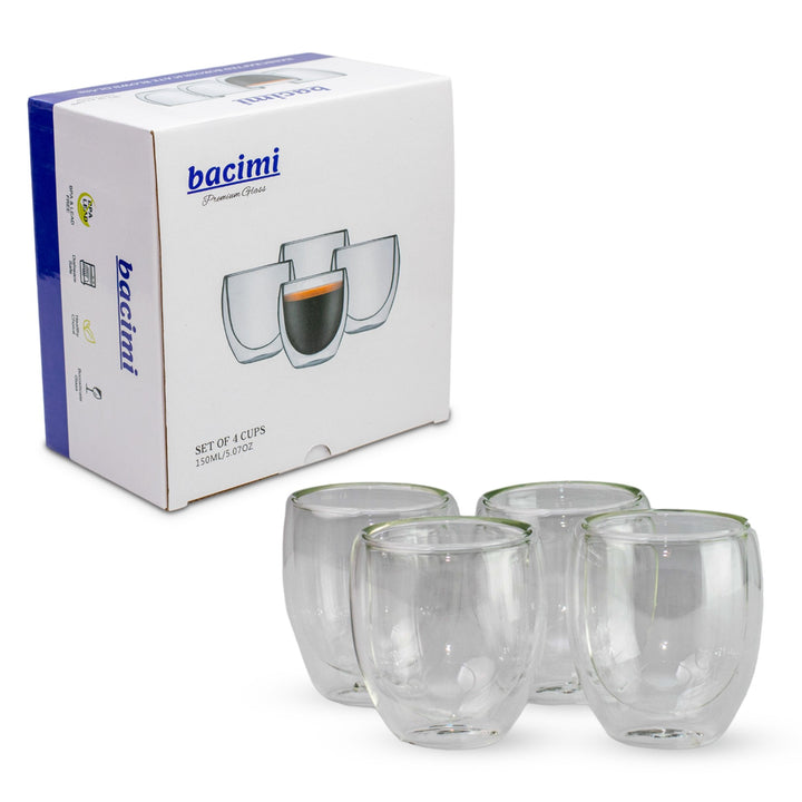 Bacimi Double Wall Insulated Espresso Coffee Mugs (Set of 4 / 5oz) - Clear Borosilicate Cups - Thermal Drinking Cups for Espresso, Cappuccino, Latte, Tea, Hot Beverage, Wine - Microwave Safe