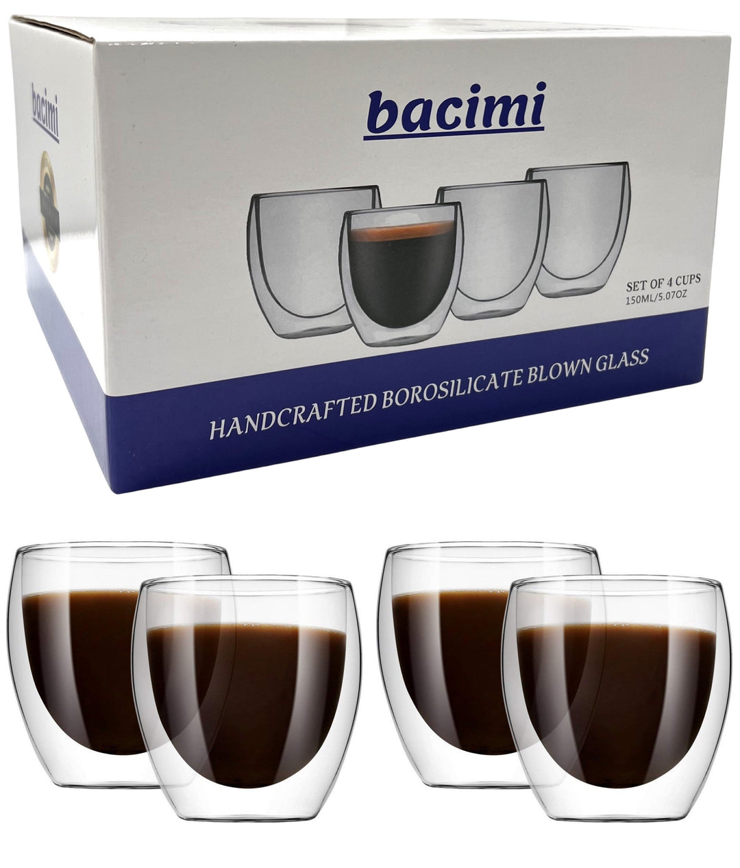 Bacimi Double Wall Insulated Espresso Coffee Mugs (Set of 4 / 5oz) - Clear Borosilicate Cups - Thermal Drinking Cups for Espresso, Cappuccino, Latte, Tea, Hot Beverage, Wine - Microwave Safe