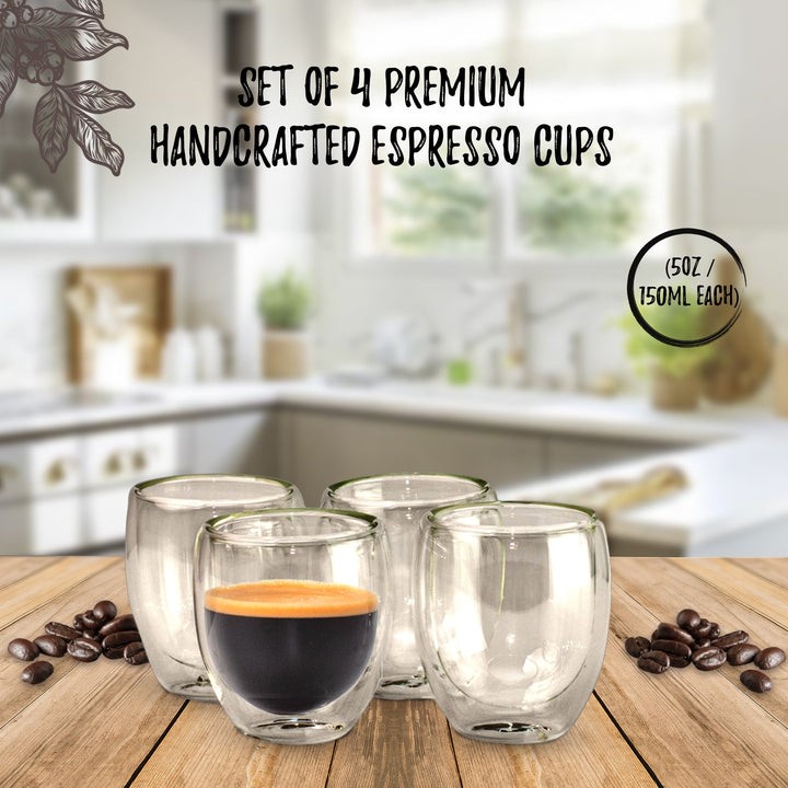 Bacimi Double Wall Insulated Espresso Coffee Mugs (Set of 4 / 5oz) - Clear Borosilicate Cups - Thermal Drinking Cups for Espresso, Cappuccino, Latte, Tea, Hot Beverage, Wine - Microwave Safe