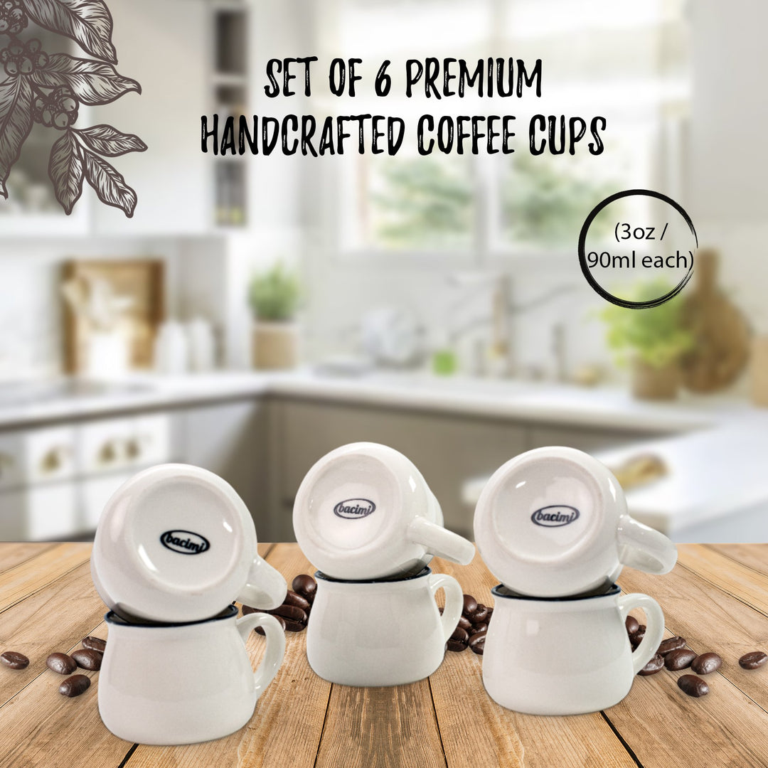 Bacimi Mini Ceramic Espresso Coffee Cups (Set of 6 / 3oz / 90ML) - Small Drinking Cups with Handle - Dishwasher & Microwave Safe - Diner Style Modern Mugs for Coffee, Tea, Cocoa, Milk & Latte - White