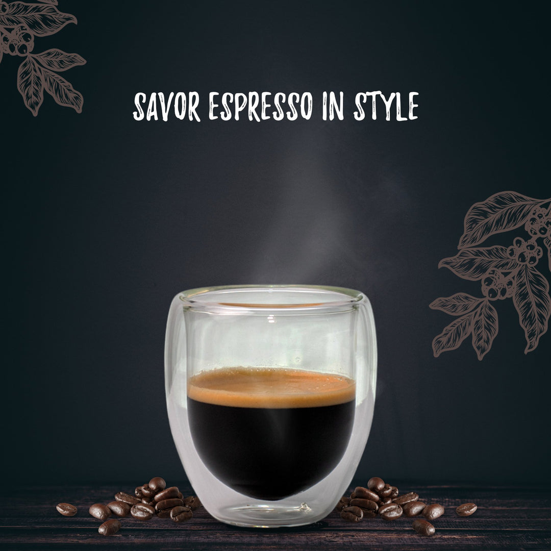 Bacimi Double Wall Insulated Espresso Coffee Mugs (Set of 4 / 5oz) - Clear Borosilicate Cups - Thermal Drinking Cups for Espresso, Cappuccino, Latte, Tea, Hot Beverage, Wine - Microwave Safe