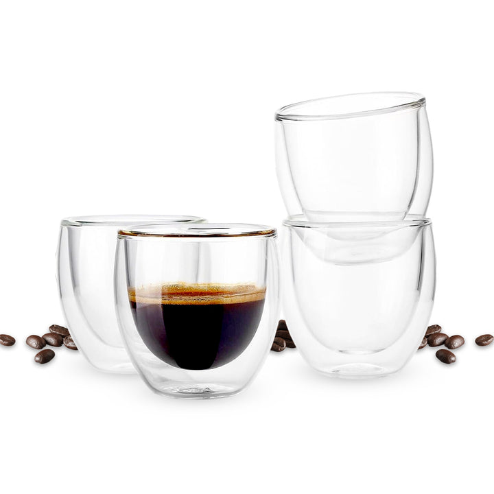Bacimi Double Wall Insulated Espresso Coffee Mugs (Set of 4 / 5oz) - Clear Borosilicate Cups - Thermal Drinking Cups for Espresso, Cappuccino, Latte, Tea, Hot Beverage, Wine - Microwave Safe