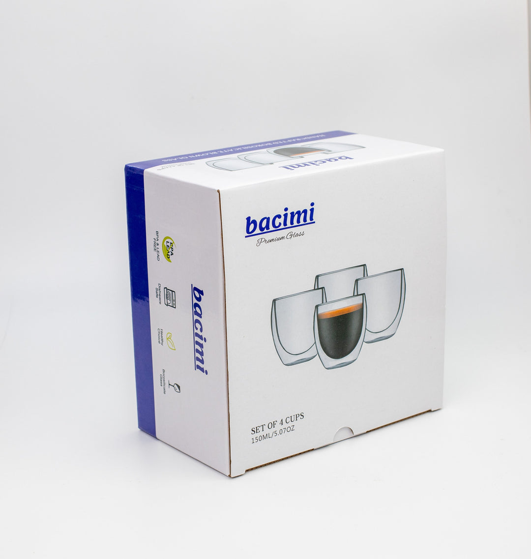 Bacimi Double Wall Insulated Espresso Coffee Mugs (Set of 4 / 5oz) - Clear Borosilicate Cups - Thermal Drinking Cups for Espresso, Cappuccino, Latte, Tea, Hot Beverage, Wine - Microwave Safe