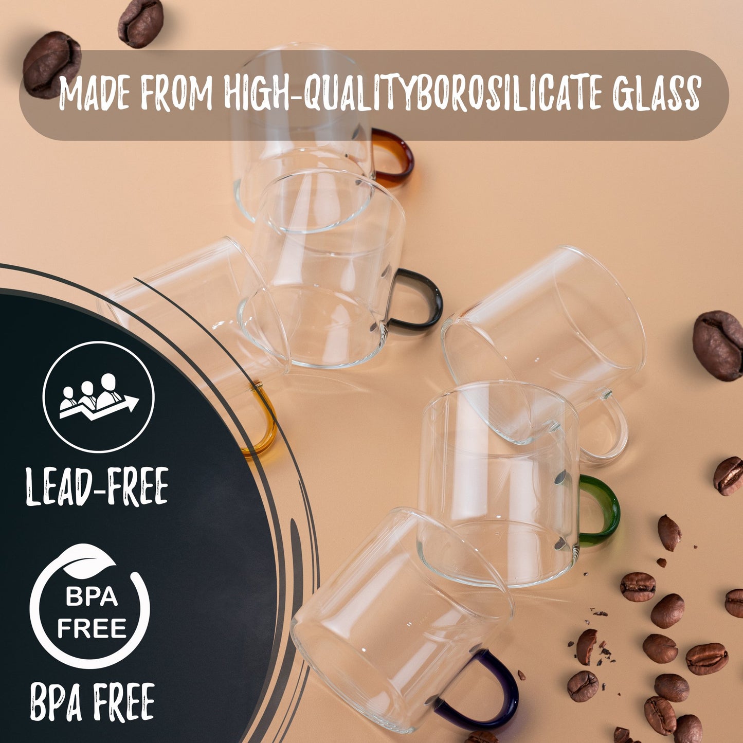 Bacimi® Multi-Color Borosilicate Glass Espresso Cups  Set of 6 - 4oz