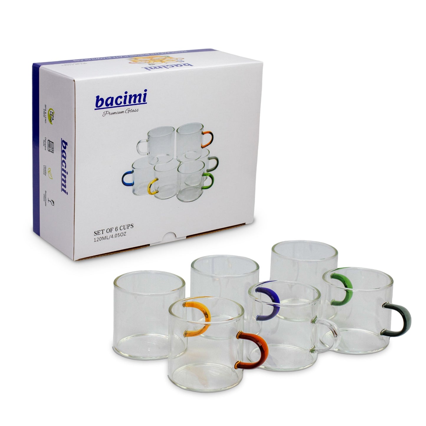Bacimi® Multi-Color Borosilicate Glass Espresso Cups  Set of 6 - 4oz